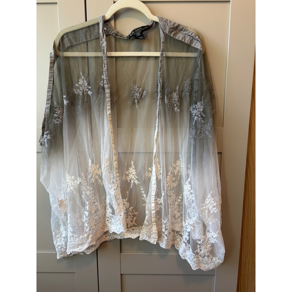 Grey White Ombre Floral Lace Fairycore Fairygoth embroidered Mesh Kimono Wrap